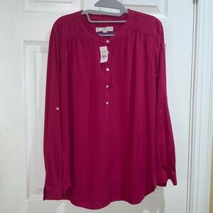 Loft pink half button tunic top blouse Sz S rolled tab sleeves New